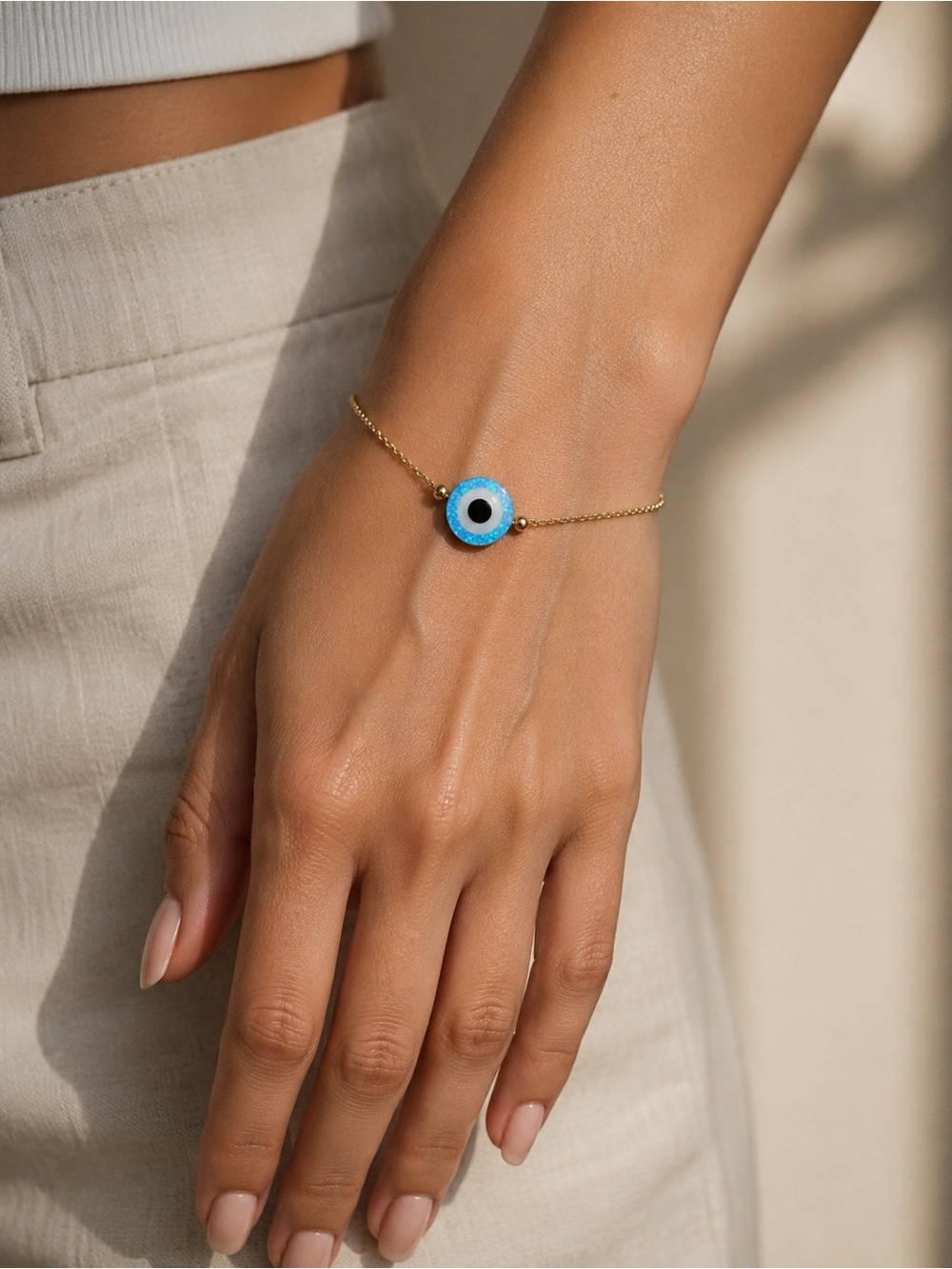 NWT 14k Gold with Opal Blue Evil Eye Pendant slider bracelet